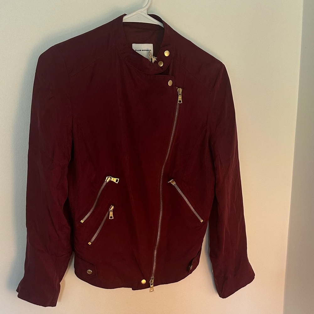 Club Monaco Burgundy Leather Jacket with Gold Accents
